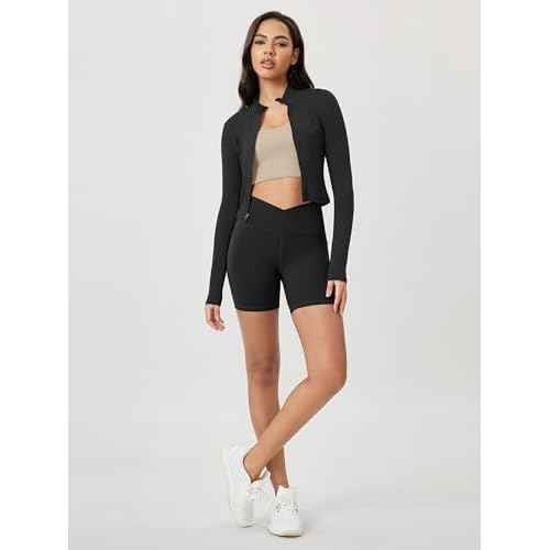 ODODOS Cloud Feeling Cross Waist Yoga Shorts with Pockets for Women, 6" Crossover High Waist Lounge Biker Shorts