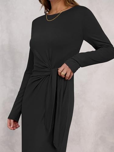 ANRABESS Womens 2026 Spring Long Sleeve Maxi Dress Crewneck Tie Waist Slit Casual Long T Shirt Dresses Winter Trendy Outfits