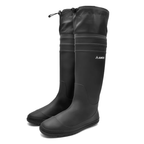 Amoji Mens Rubber Rain Boots Knee High Waterproof Packable Tall Garden Boots Lightweight Farm Mud Boots NOT FOR WIDE CALF
