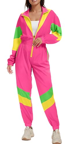 UOUA 80s Outfit for Women 90s Costume Jumpsuits Long Sleeves Windbreaker One Piece Party Tracksuit