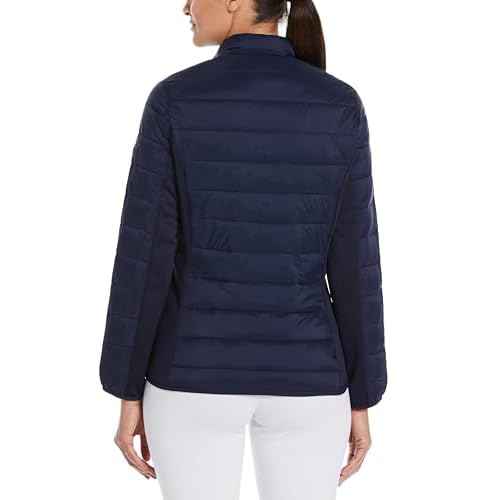 Perry Ellis Women's Long Sleeve Full-Zip Faux Down Jacket, Sun Protection, Mock Collar, Front Pockets, Warming & Flexible