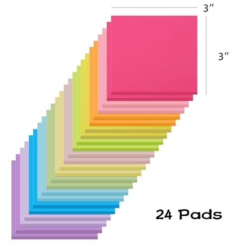 (24 Pads) Sticky Notes 3x3 Inches,Bright Colors Self-Stick Pads, Easy to Post for Home, Office, Notebook