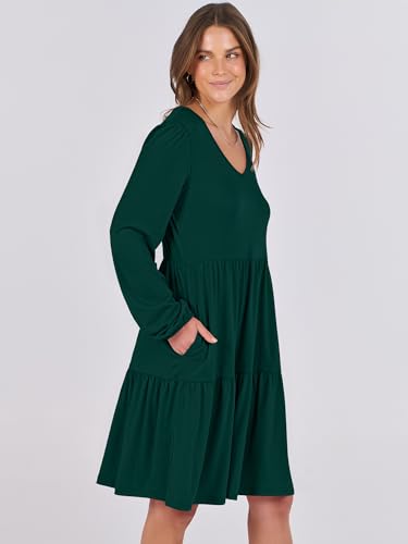 ANRABESS Womens Long Sleeve Dress 2026 Fall Casual V Neck Tiered Flowy Short Dresses Spring Beach Travel Vacation Clothes