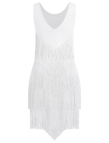 IWEMEK Rhinestones Layered Fringe Dress Ballroom Latin Dance Dress for Women Tiered Tassel Flapper Dresses Dancing Costume