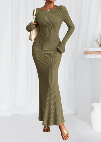 PRETTYGARDEN Women's Fall Fashion 2026 Long Sleeve Maxi Dress Ribbed Knit Boat Neck Bodycon Casual Dresses Going Out Outfits