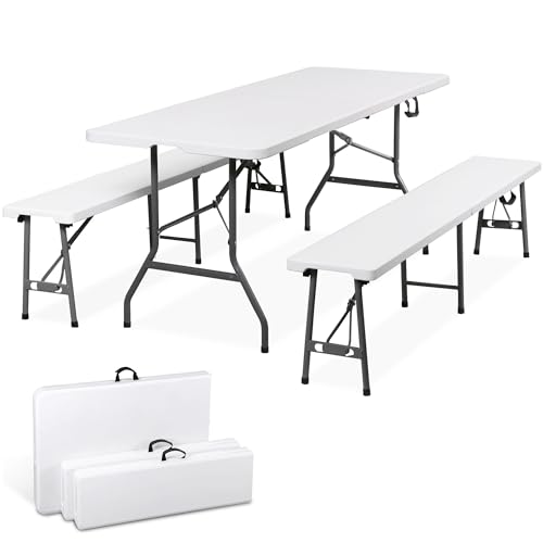 SUPER DEAL Folding Table Set with 2 Benches, 6 FT Camping Picnic Table Set, Outdoor Indoor Portable Furniture for Working ...