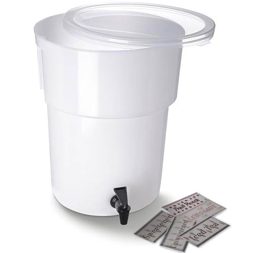 Carlisle FoodService Products Round Beverage Dispenser Drink Dispenser with Spigot for Catering, Plastic, 5 Gallons, White