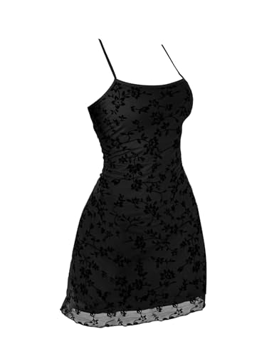 Verdusa Women's Mini Dress Floral Spaghetti Strap Mesh Dresses Going Out Festival Concert Outfits Grunge Gothic Clothes