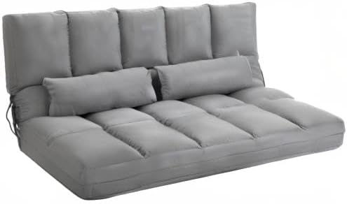 HOMCOM Convertible Floor Sofa Chair, Folding Couch Bed, Guest Chaise Lounge with 2 Pillows, Adjustable Backrest and Headrest, 51.25" L, Light Gray