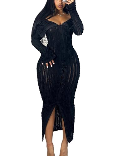 Sexy Button Down Dresses for Women Date Night Off Shoulder See Through Mesh Ruffle Bodycon Maxi Dress