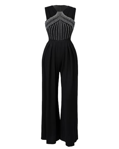 CHICME Women's One Piece Jumpsuit Rhinestone Cutout Ruched Wide Leg Jumpsuit Overall Long Pants