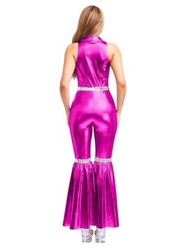ACSUSS Women's 70s 80s Shiny Metallic Disco Jumpsuit Sleeveless Backless for Rave & Themed Parties Hot Pink X-Large