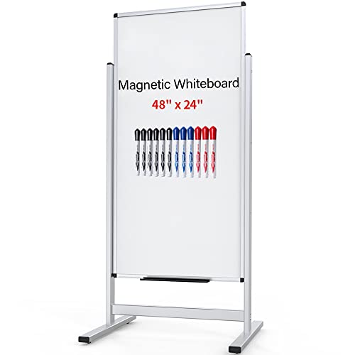 VIZ-PRO Double-Sided Magnetic Stand Whiteboard 48 X 24 Inches, Aluminium Frame & Stand, with 12-Count Markers