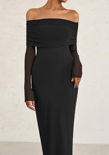 PRETTYGARDEN Fall Dresses for Women 2025 Elegant Off The Shoulder Long Sleeve Formal Wedding Guest Bodycon Maxi Dress