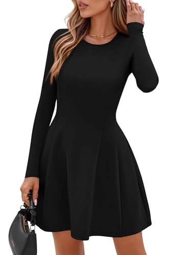 PRETTYGARDEN Long Sleeve Mini Dress for Women 2026 Spring Crewneck Knit Pleated Babydoll A Line Casual Short Party Dresses