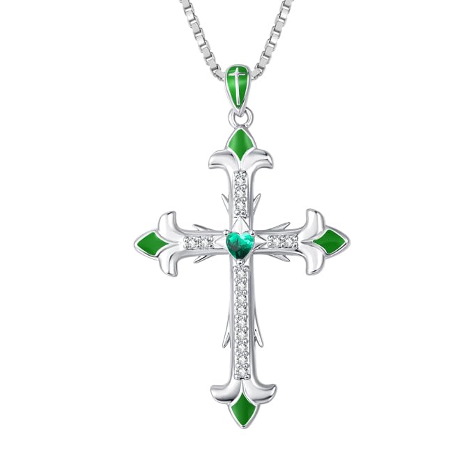 CupidGift Cross Necklace for Women 14K 18K White Gold Plated Dainty Round Emerald Birthstone Everyday Necklaces Jewelry Baptism Faith Anniversary Christmas Birthday Gifts for Wife Mom