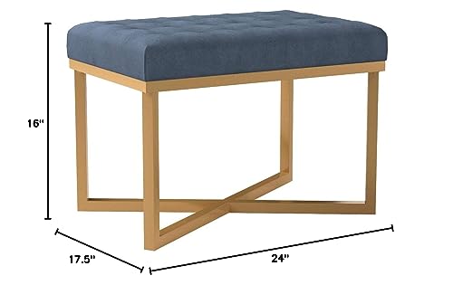 Homepop Home Decor | Upholstered Tufted Velvet Ottoman Bench | Ottoman Bench for Living Room & Bedroom, Blue, 24 x 16 x 17-1/2 inches high