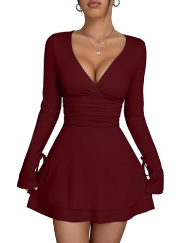 XXTAXN Women's Sexy Wrap V Neck Long Sleeve Flowy Hem A Line Ruched Waist Corest Mini Dress