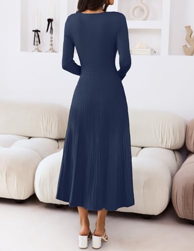 MEROKEETY Women's Sweater Dress 2025 Fall Winter Casual Long Sleeve Square Neck Pleated Church Work Knit Midi Dresses