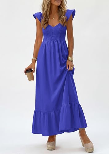 PRETTYGARDEN Women's 2026 Summer Casual Maxi Dresses Cap Sleeve V Neck Smocked Long Pockets Party Sundress Vacation Outfits
