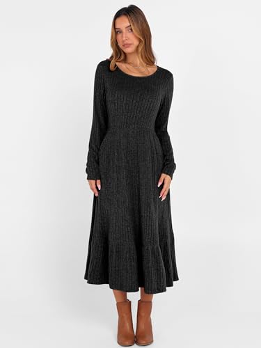ANRABESS Womens Long Sleeve Midi Dress Spring Rib Knit Crew Neck A Line Soft Flowy Swing Dresses with Pocket Casual Trendy