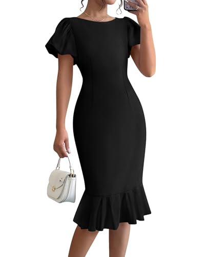BTFBM Women Formal Wedding Guest Cocktail Dresses 2026 Short Sleeve Ruffle Mermaid Work Bodycon Elegant Midi Summer Dress
