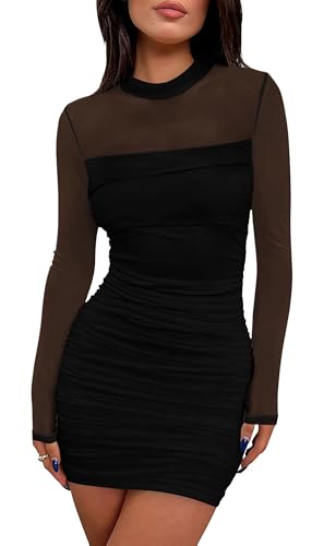 WIHOLL Women's Mesh Sheer Long Sleeve Ruched Mini Dress Sexy Bodycon Mock Neck Cocktail Party Club Dresses 2025