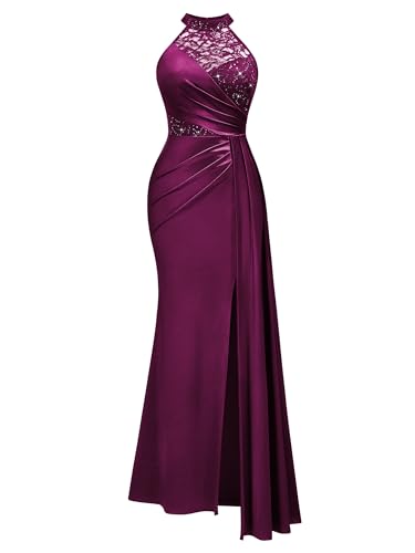 Miusol Women's Sexy Halter Sequin Lace Satin High Split Ruched Style Evening Party Maxi Dress