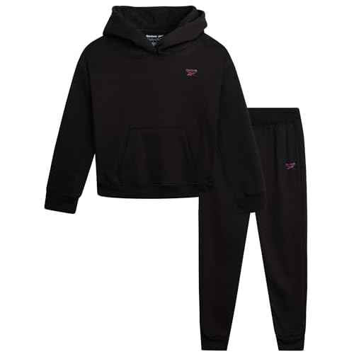 Reebok Girls Sweatsuit Set - 2 Piece Soft Long Sleeve Hoodie Sweatshirt and Sweatpants for Girls - Athletic Sweatsuit, Size 8, Black