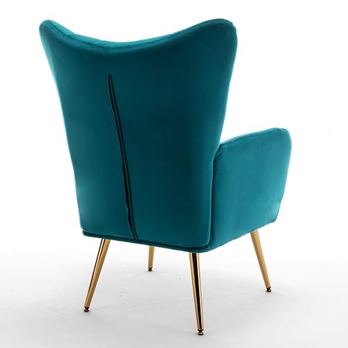 Container Furniture Direct Modern Chic Mid-Century Velvet Accent Armchair for Living Room, Bedroom, or Home Office, Button-Tufted Wingback Design with Gold Flared Legs, Dark Teal