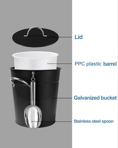 3Qt Black Galvanized Ice Bucket with Lid, Scoop & Handles - Ideal for Cocktails, Parties, BBQs, Wine & Champagne. Double-L...