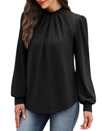 WIHOLL Long Sleeve Shirts for Women Mock Neck Tops Pleated Front Blouses Dressy Casual Fall Clothes 2025 Fashion