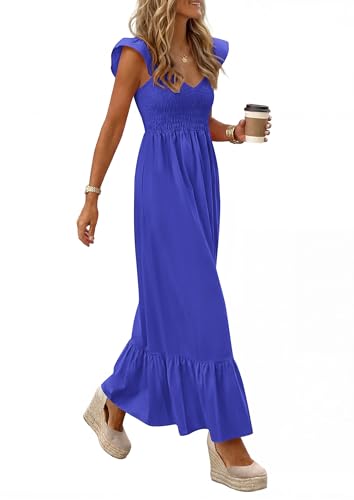 PRETTYGARDEN Women's 2026 Summer Casual Maxi Dresses Cap Sleeve V Neck Smocked Long Pockets Party Sundress Vacation Outfits