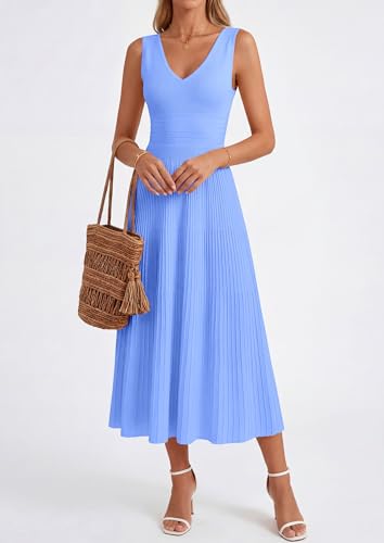 PRETTYGARDEN Women's Summer Casual Dresses 2026 Spring Sleeveless V Neck Midi Business Work A Line Pleated Cocktail Dress