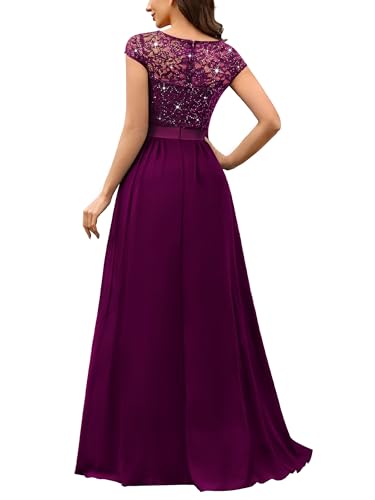 Miusol Women's Elegant V-Neck Cap Sleeve Sequined Floral Lace Formal Party Maxi Dress