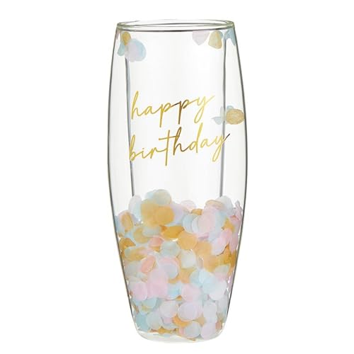 Slant Collections Colorful Confetti Birthday Double Wall Glass Stemless Champagne Glass, 8-Ounces, Happy Birthday