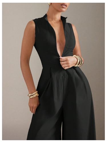 Verdusa Women's Zip Up Wide Leg Jumpsuits Sleeveless One Piece Formal Dressy Rompers Holiday Jumpsuits