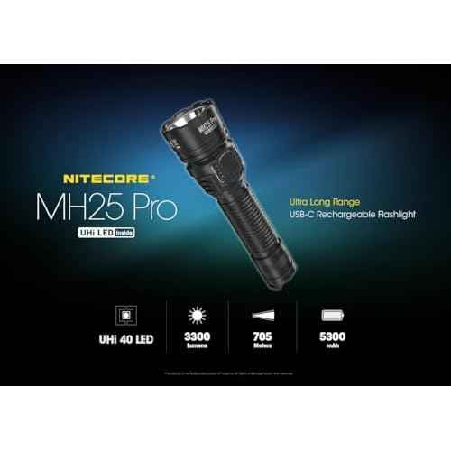 Nitecore MH25 PRO Long Throw Rechargeable Flashlight -3300 lumens, 771 Yard w/Eco-Sensa USB C Rechargeable Cable