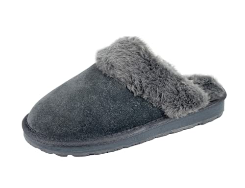 Clarks Womens Open Back Suede Leather Comfort Clog Slipper JMS0583C - Plush Faux Fur Trim - Indoor Outdoor House Slippers ...