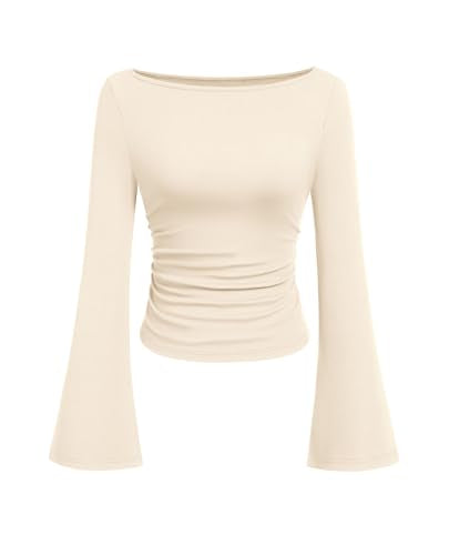 PRETTYGARDEN Womens Long Sleeve Shirts 2026 Spring Crop Going Out Tops Casual Boat Neck Bell Sleeve Ribbed Ruched Y2K Clothes