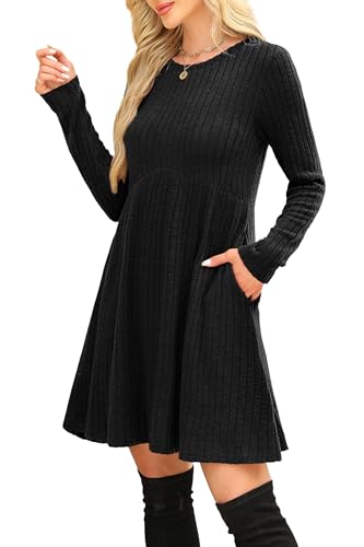 OFEEFAN Long Sleeve Dress for Women Crew Neck Empire Waist Tunic Dress with Pockets