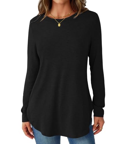 NORACORA Womens Long Sleeve Shirts Loose Tunic Tops Round Neck Lightweight Side Split Casual 2025 Trendy Basic Tshirts Blouse