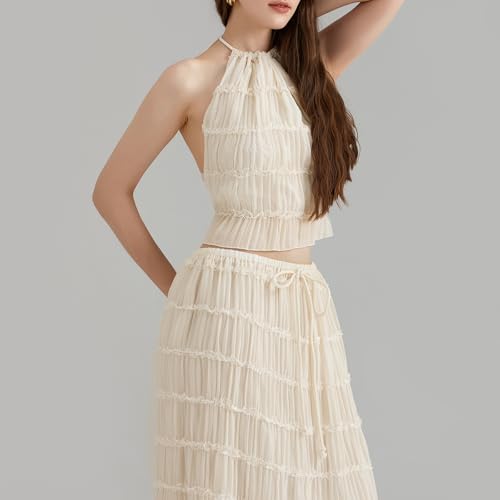 Argeousgor 2 Piece Maxi Skirt Set for Women Lace Up Back Tank Tops Tie Up High Waist Long Skirt Set