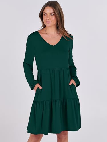 ANRABESS Womens Long Sleeve Dress 2026 Fall Casual V Neck Tiered Flowy Short Dresses Spring Beach Travel Vacation Clothes