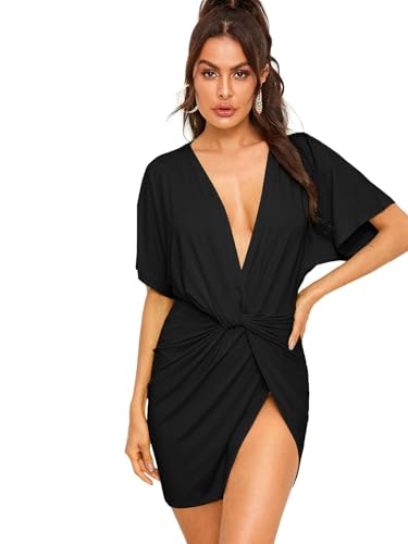 Floerns Women's Deep V Neck Twisted Plunging High Slit Mini Party Dress