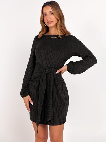 ANRABESS Womens 2026 Fall Dress Long Lantern Sleeve Ribbed Knit Casual Tie Waist Lightweight Mini Sweater Dress