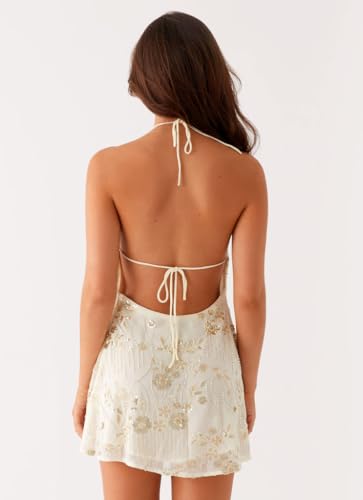 Y2k Sequin Beaded Halter Dress for Women Sexy Sparkle Backless Mini Dress Floral Embellished Rhinestone Club Dresses