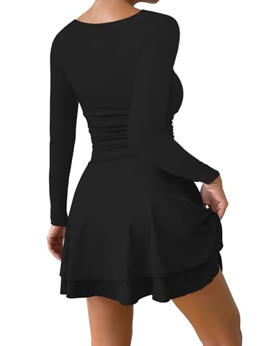 IWD Women's Square Neck Long Sleeve Mini Dress Ruched Corset Waist Tiered Ruffle Hem A Line Short Party Dresses