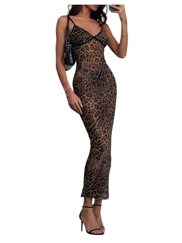 BEAUDRM Women's Sexy Cheetah Sheer Dress Y2K Mesh Leopard See Through Bodycon Maxi Dress Going Out Date Party Rave Clubwear