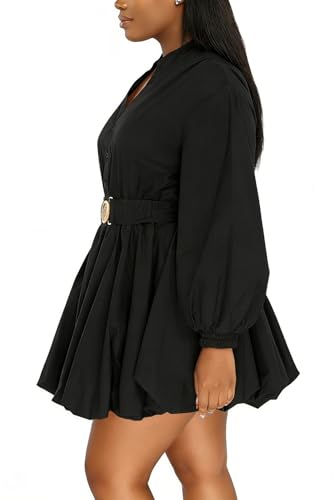 ENOPINK Womens Mini Dress Puff Sleeve Dresses 2026 Button Down Sexy V Neck A Line Party Clubwear with Belt